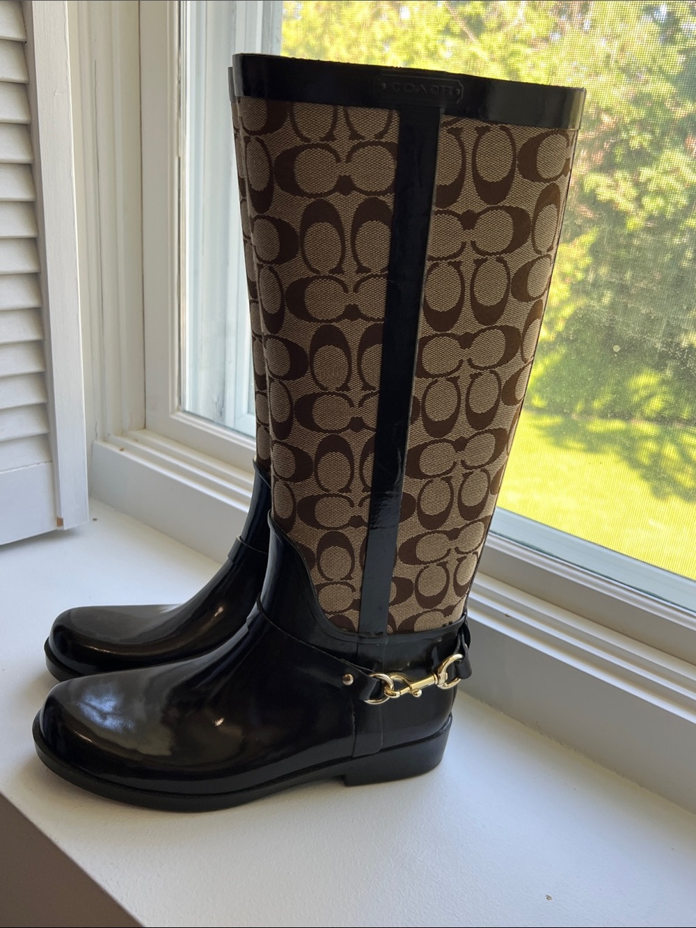 Coach Brown Signature Tall Rain Boots with Black Patent Trim